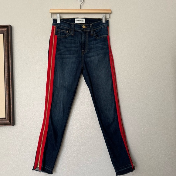 Etienne Marcel Indigo Side Zip Red Ribbon Tuxedo Stripe Skinny Jeans Size 27 - Picture 2 of 10